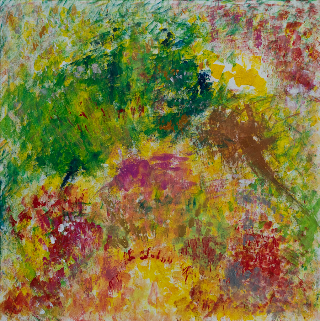 Peinture abstraite aux touches vertes, jaunes et rouges, foisonnante comme un jardin en pleine lumière.