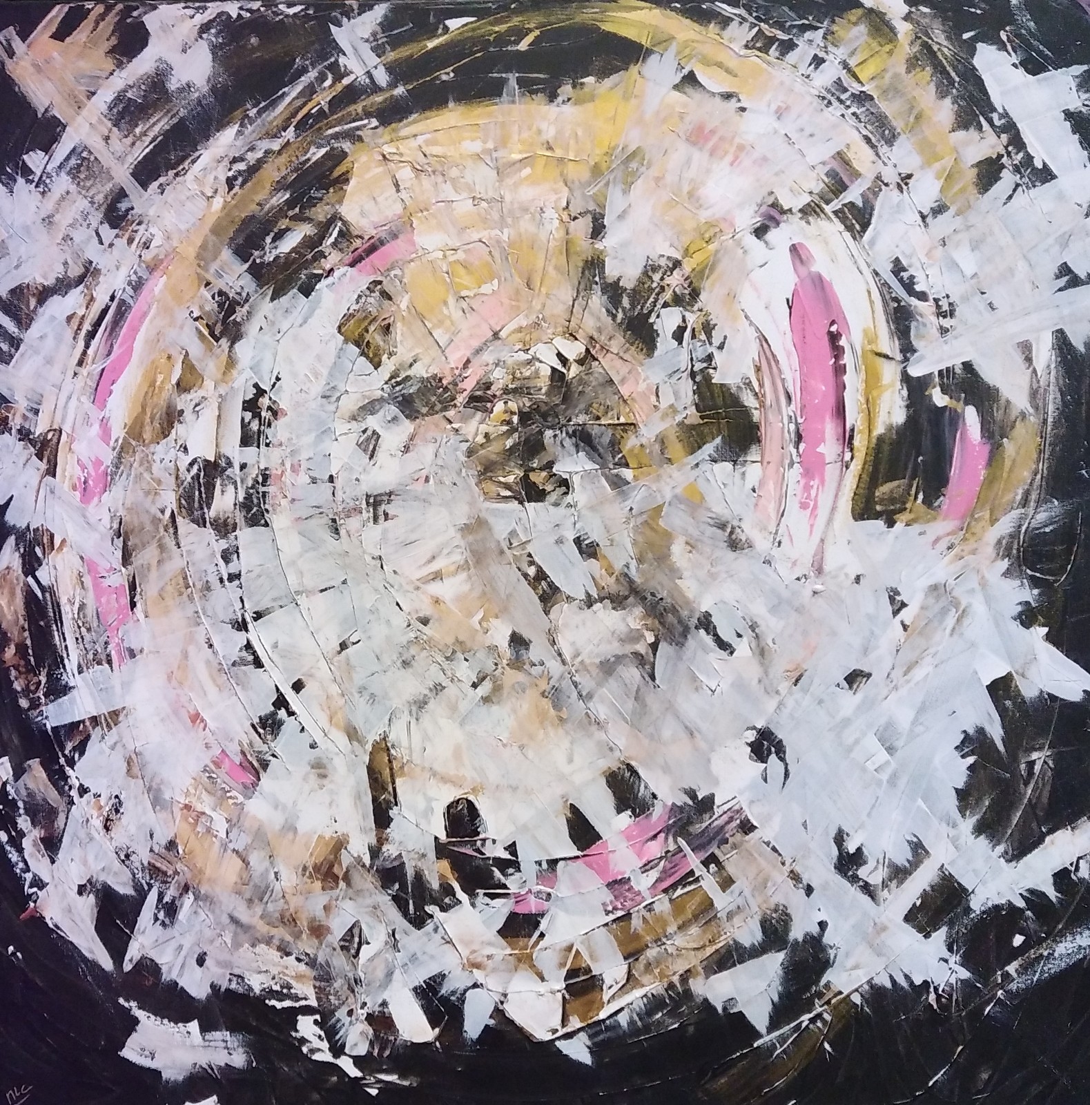 Peinture abstraite aux empâtements blancs et noirs, traversée d'éclats d'or et de rose, en un mouvement tourbillonnant qui rayonne depuis un centre sombre.