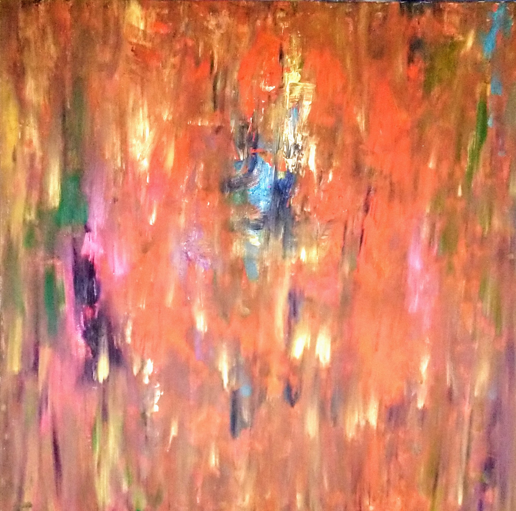 Peinture abstraite aux coulées verticales orangées, roses et dorées, traversées d'un éclat bleu.