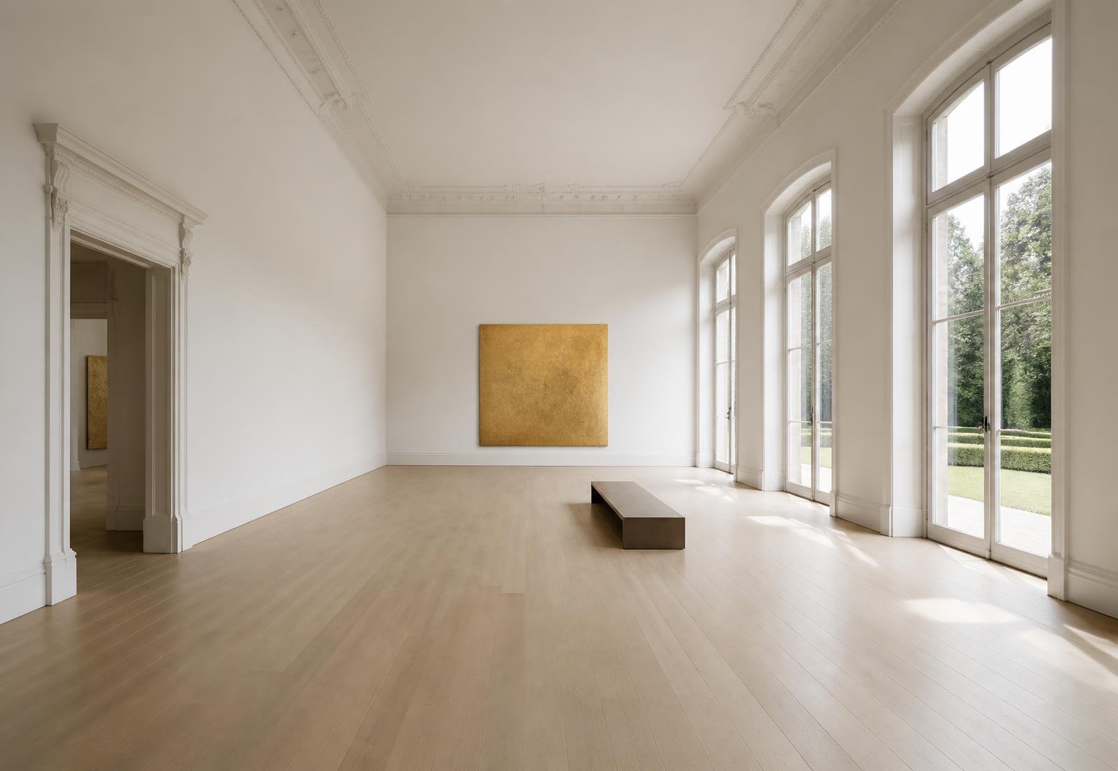 Le hall de La Maison : murs blancs, parquet clair, une œuvre dorée et de grandes fenêtres sur le jardin